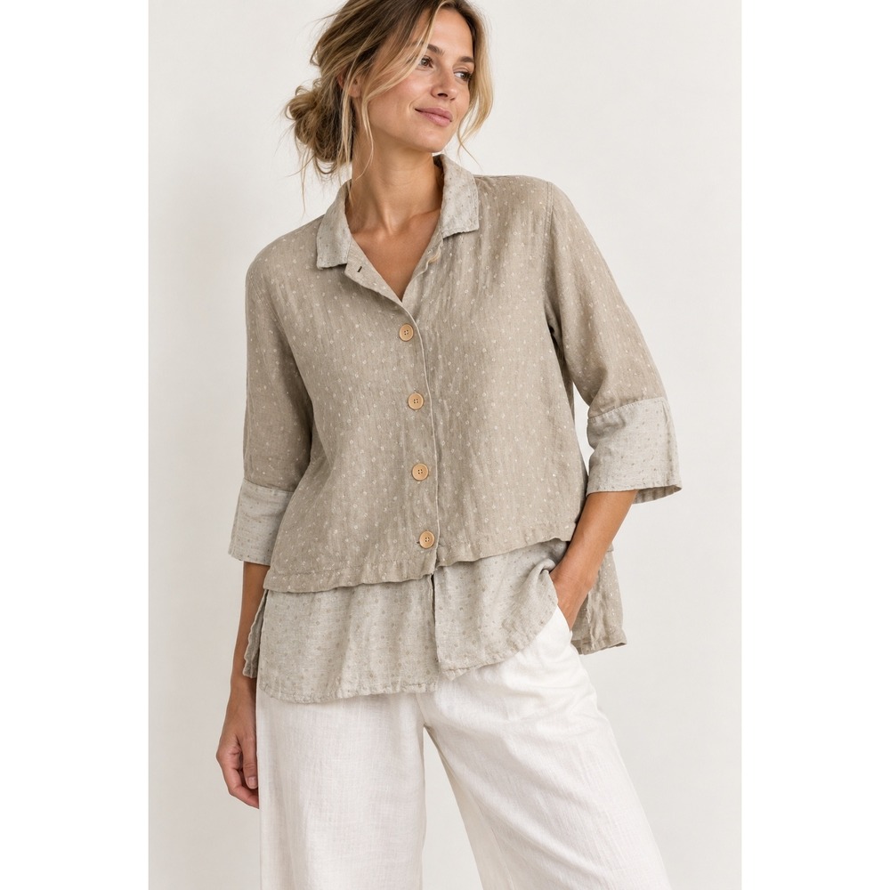 FLAX Linen Polka Dot Tiered Button Down Shirt Tan Small Lagenlook Coastal